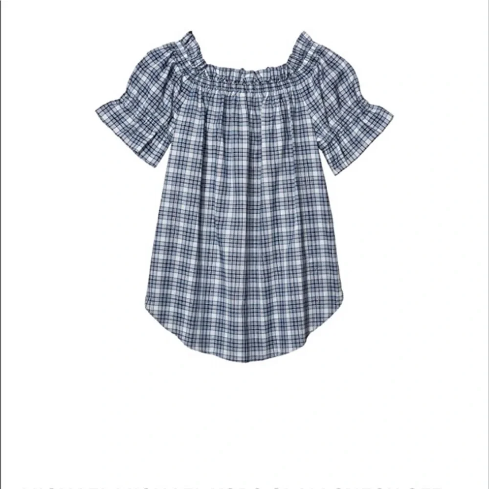Michael Kors Women’s blue plaid off the shoulder cotton blouse